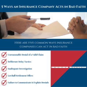 Insurance bad faith infographic about five ways insurance companies act in bad faith including: unreasonable denial of a valid claim, deliberate delay tactics, inadequate investigation, lowball settlement offers, failure to communicate and explain denials. Created by Tampa insurance bad faith attorneys at Swope, Rodante P.A. 