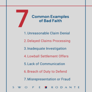 Infographic. Title: 7 Common Examples of Bad Faith. Content: 1. Unreasonable Claim Denial. 2. Delayed Claims Processing. 3. Inadequate Investigation. 4. Lowball Settlement Offers. 5. Lack of Communication. 6. Breach of Duty to Defend. 7. Misrepresentation or Fraud.