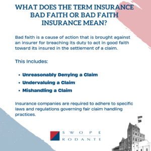 Infographic. Title: What Does the Term Insurance Bad Faith or Bad Faith Insurance Mean? Content: Bad faith is a cause of action that is brought against an insurer for breaching its duty to act in good faith toward its insured in the settlement of a claim. This includes unreasonably denying a claim, undervaluing a claim, and mishandling a claim. Insurance companies are required to adhere to specific laws and regulations governing fair claim handling practices.