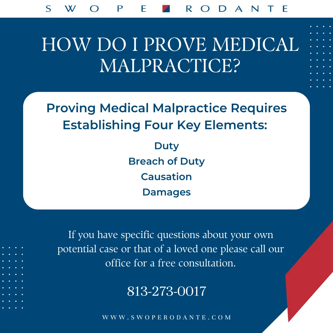 Medical malpractice infographic reviewing the four key elements: duty, breach of duty, causation, damages. Created by medical malpractice attorneys at the law firm Swope, Rodante P.A.